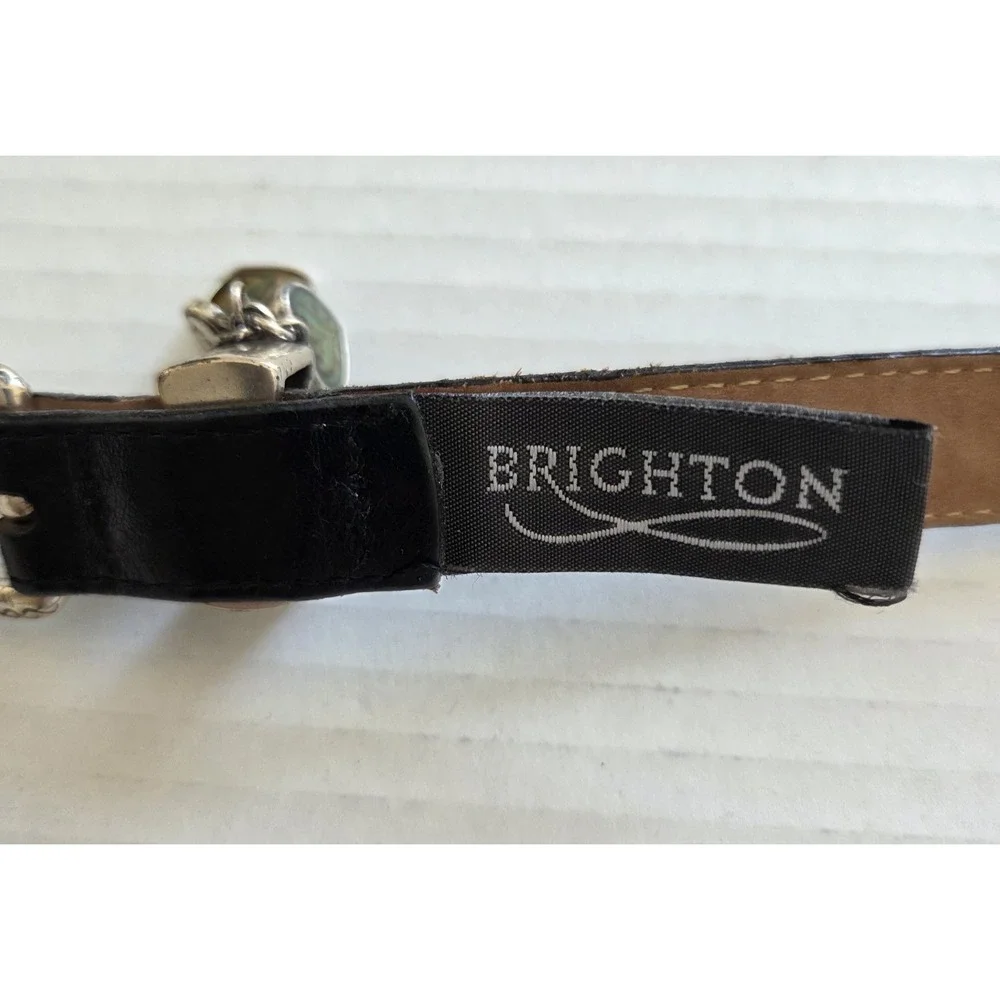 Vtg Brighton Skinny Belt B30283 Black Silver Buckle 3 Small Heart Charms Lg 34